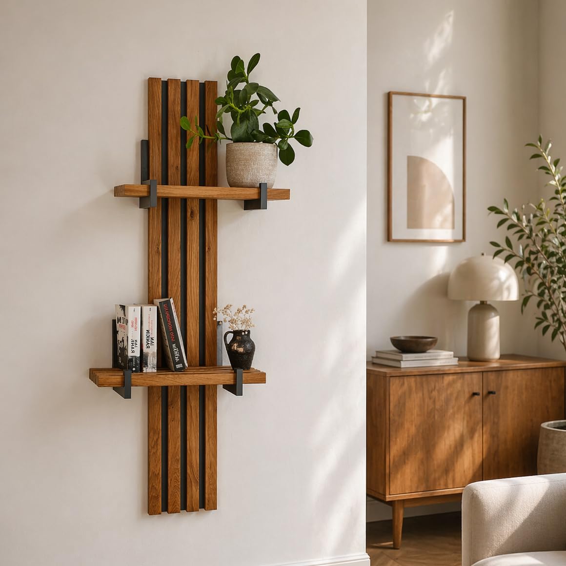 Living Oak NO.04 - Estantería flotante de 2 niveles, de madera maciza, para montaje en pared, moderno, para sala de estar, 50-65 x 22 x 130 cm