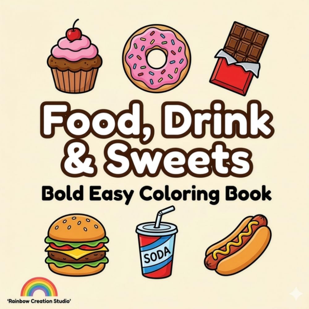 FOOK DRINKS AND SWEETS: Coloring Book for Adults and Kids – Bold, Easy Designs for Relaxation and Fun."