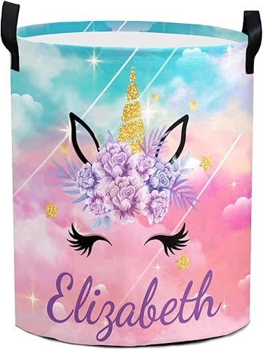 Cesta de lavandería de unicornio impermeable, bonita cesta de lavandería con asas de cuerda, cesta de lavandería personalizada con nombre para niñas
