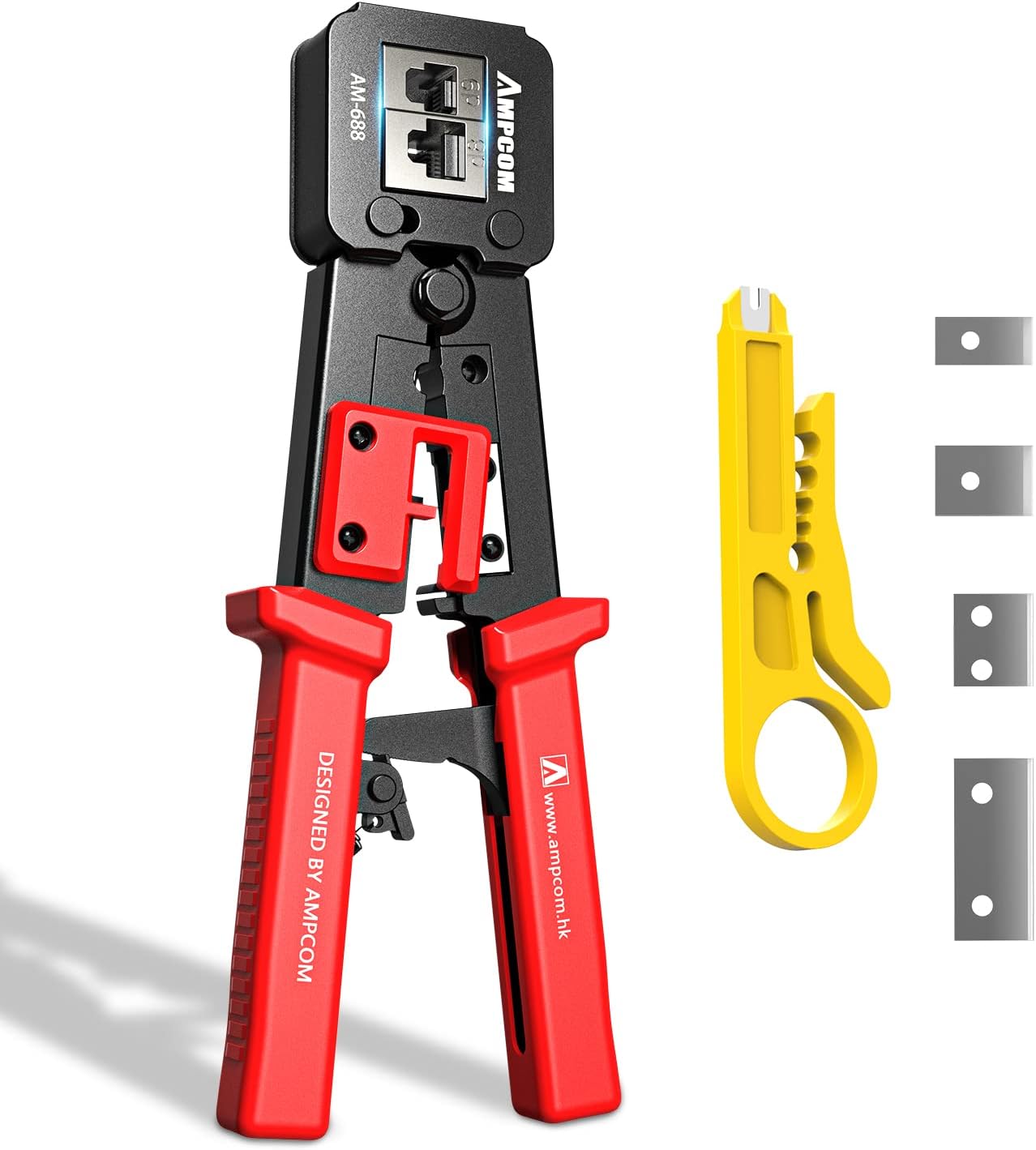 AMPCOM RJ45 Pass Thru Crimping Tool Network Crimper for Pass Through and Regular Type RJ45 RJ12 RJ11 Connector -CAT6/5e（8P8C/6P6C/6P4C)