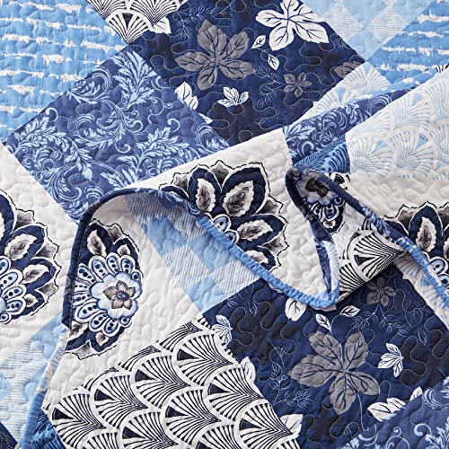 Full/Queen Size Quilt Set 3 Pieces Lightweight Reversible Bedspread-90''x98'' Soft Patchwork Floral Coverlet Luxurious Warm Microfiber Bed Cover All Seasons Blue Bedding Set(1 Quilt,2 Pillow Shams)