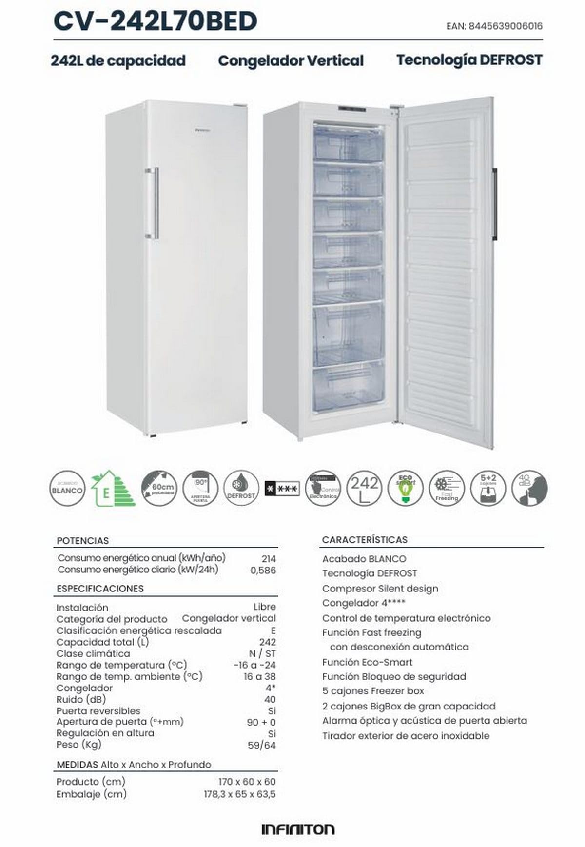 INFINITON Congelador Vertical CV-242L70BED, 242 L, Altura 170 cm, Fast freezing, 5 cajones Freezer box, 2 cajones BigBox de gran capacidad, Puerta Reversible, E, Blanco