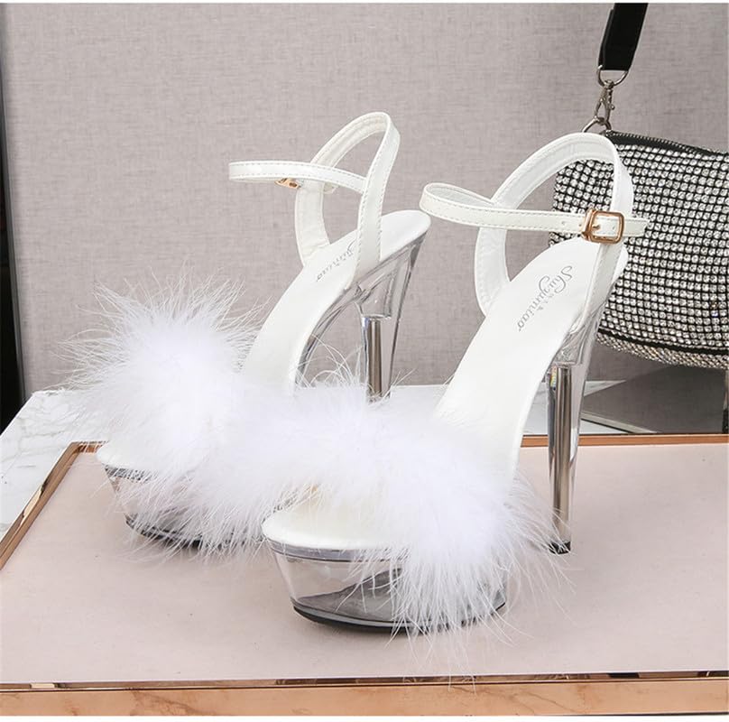 MissHeel Ankle Strap Clear Platform Furry Sandals Stiletto Heel: 8 White