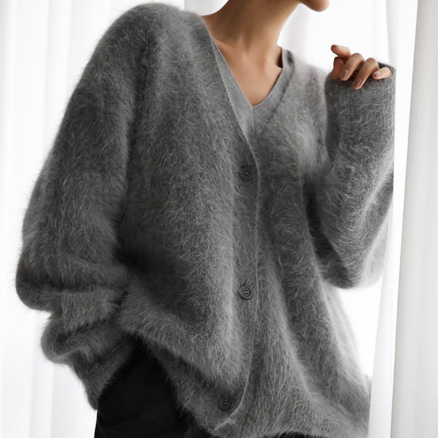 Image of Womens Fuzzy Sweaters Cardigan V-Neck Button Down Oversized Mohair Sweater Casual Y2k 2026 Fall Winter