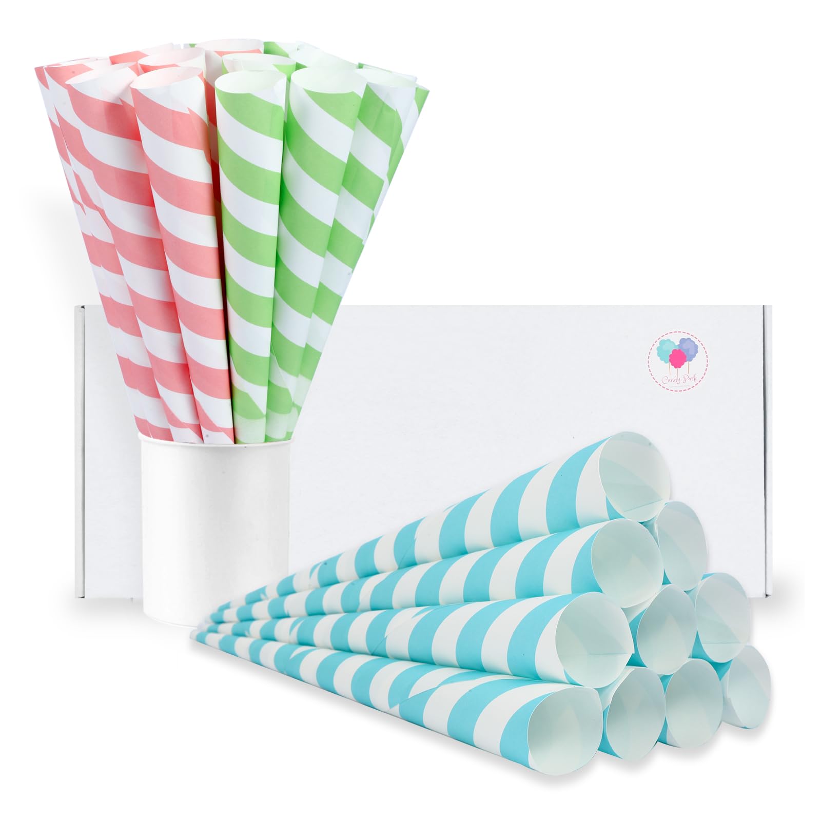 Premium Cotton Candy Cones 30 Pack Baby Pastel Theme - Candy Park Multicolor Paper Cones - For Cotton Candy Machines & Candy Floss Sugar - Celebrations & Party Supplies