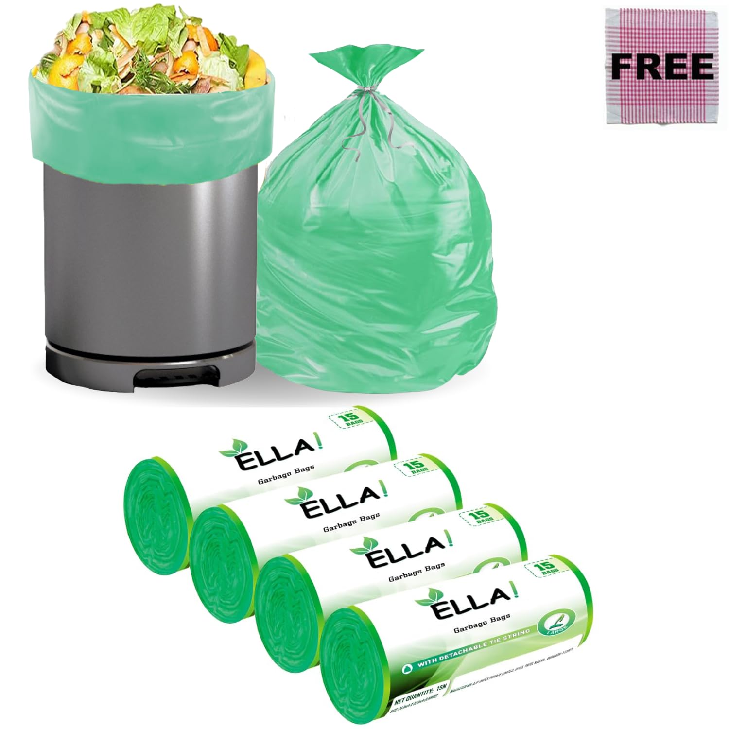 Ella Garbage Bags 24x32 Inches (Large) 60 Bags (4 Rolls) Leak Proof & Tear Resistant Trash Bags for Kitchen Home & Commercial Use -Dustbin Bags For Dry & Wet Waste With Free Check Duster Cloth - Green