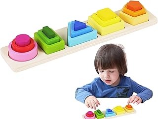 BORI Wooden Stacking Toys - Color Shape Recognition Stacker Sorter,Montessori Geometric Board Toys Early Educational Puzzles for 4 5 6 Years Old Boys and Girls