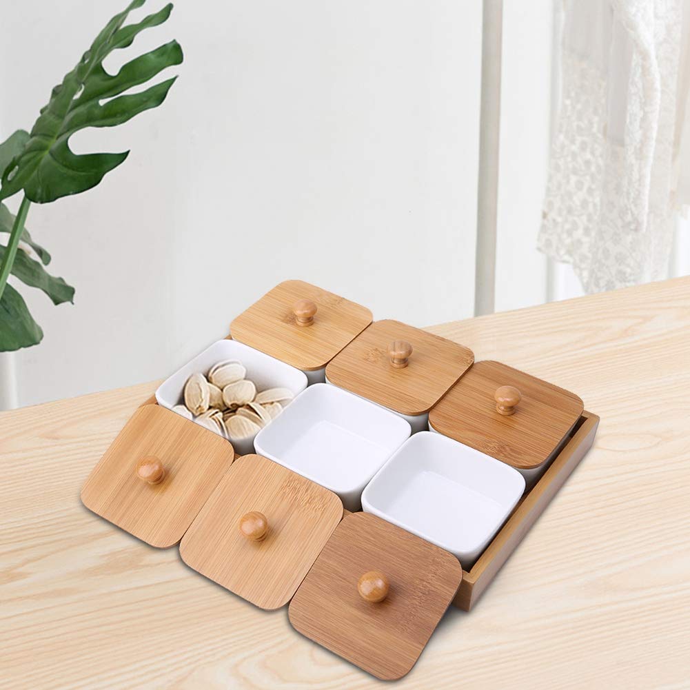 Piatto da portata in ceramica con coperchio in bambù per frutta, noci, dessert, condimenti, perfetto per servire antipasti, noci, caramelle, snack, vassoio a 6 scomparti