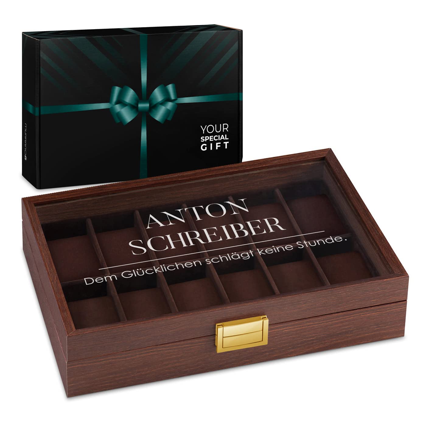 Produktbild von Maverton Uhrenbox Für 12 Uhren - Personalisierbar, Holz, Abschließbar Mit Glas