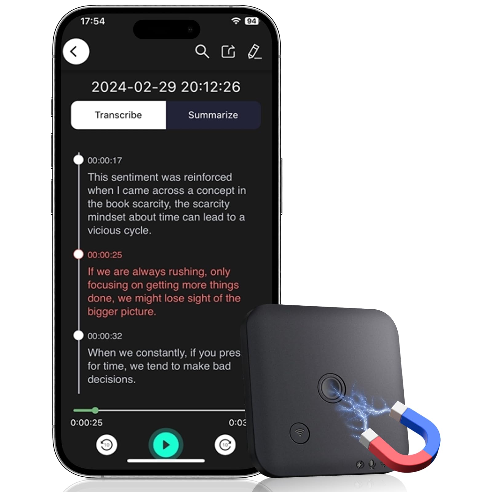 Grabadora de Voz IA, Grabadora Mini Magnética de 64GB con ChatGPT 4o para Transcripción y Resumen en 102 Idiomas, Grabación con Un Toque, Grabadora de Voz para Conferencias/Llamadas (Negro)