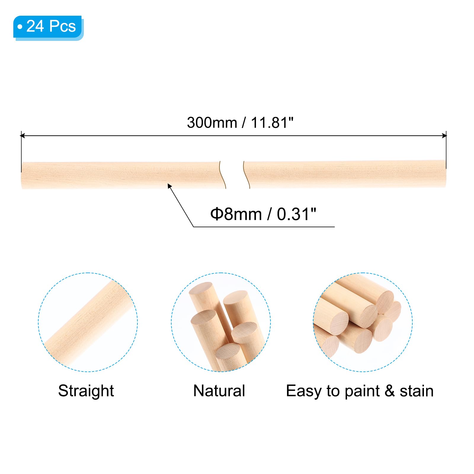 PATIKIL 1/3x11.81inch Wooden Dowel - Image 2
