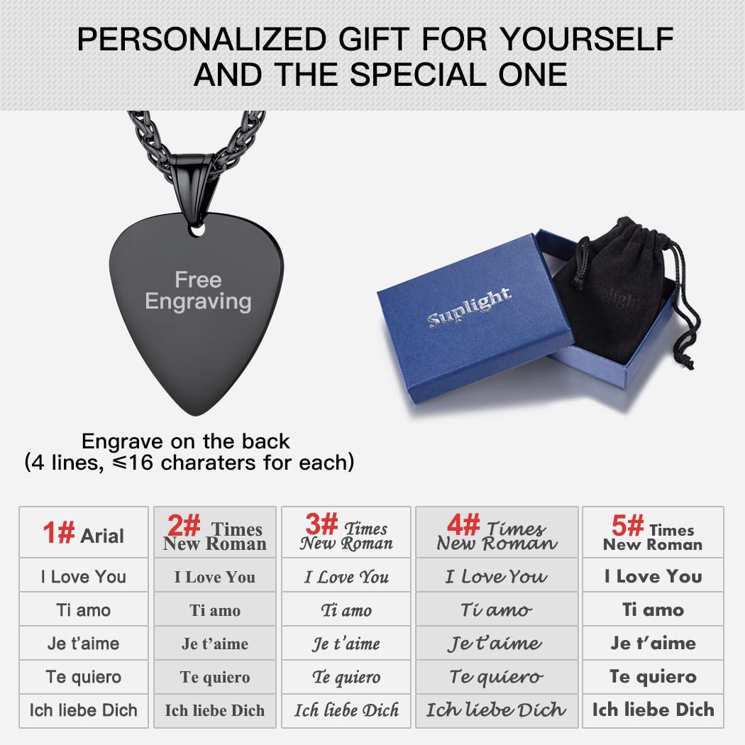 Suplight Collar Guitarra Acero Inoxidable de Mujeres, Púas de Guitarra para Amantes de Músicos, Joyería Deliciosa con Nombres Grabados Personalizados