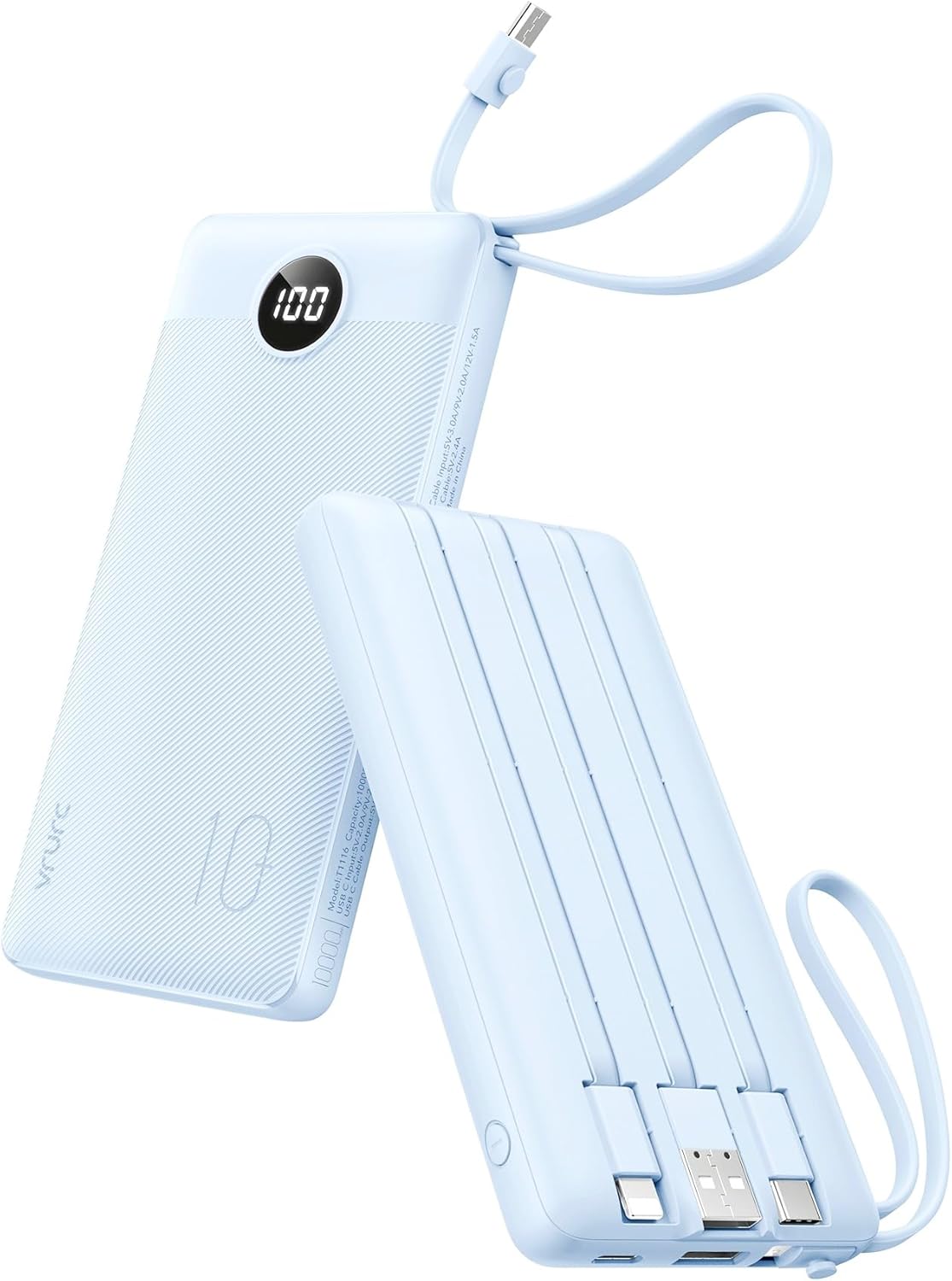 VRURC 10000mAh Power Bank Built-in Cables, Portable Charger with LED Display, Slim Travel Battery Pack with Cords, 5 Output Dual Input Phone Charger for Cell Phone Smart Devcies-Blue(1 Pack)