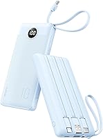 VRURC 10000mAh Power Bank with Built-in 4 Cables, Slim Portable Charger, LED Display, 5-Device Simultaneous Charging for iPhone, Samsung, Android - Blue
