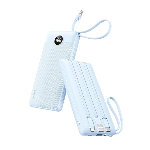 VRURC 10000mAh Power Bank Built-in Cables, Portable Charger with LED Display, Slim Travel Battery Pack with Cords, 5 Output Dual Input Phone Charger for Cell Phone Smart Devcies-Blue(1 Pack)