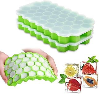 قالب ثلج سيليكون، قالب مكعبات ثلج، صينية ثلج سيليكون على شكل خلية نحل، مكون من 37 تجويف للمجمد مع غطاء، عبوة من وحدتين (متعدد الألوان)
