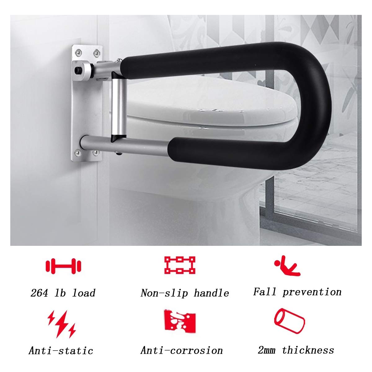 FlySkip Barra di supporto per WC, pieghevole, 61 cm, per disabili, montaggio a parete, per bagno e doccia, antiscivolo, per donne incinte e disabili