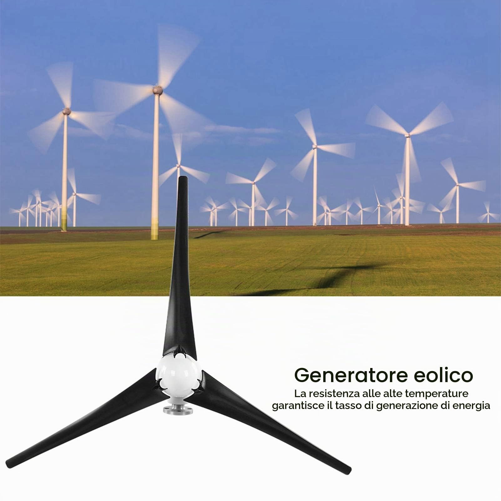 Generatore di turbina eolica 1200W con kit regolatore a 3 pale per ricarica domestica e marina - Nero