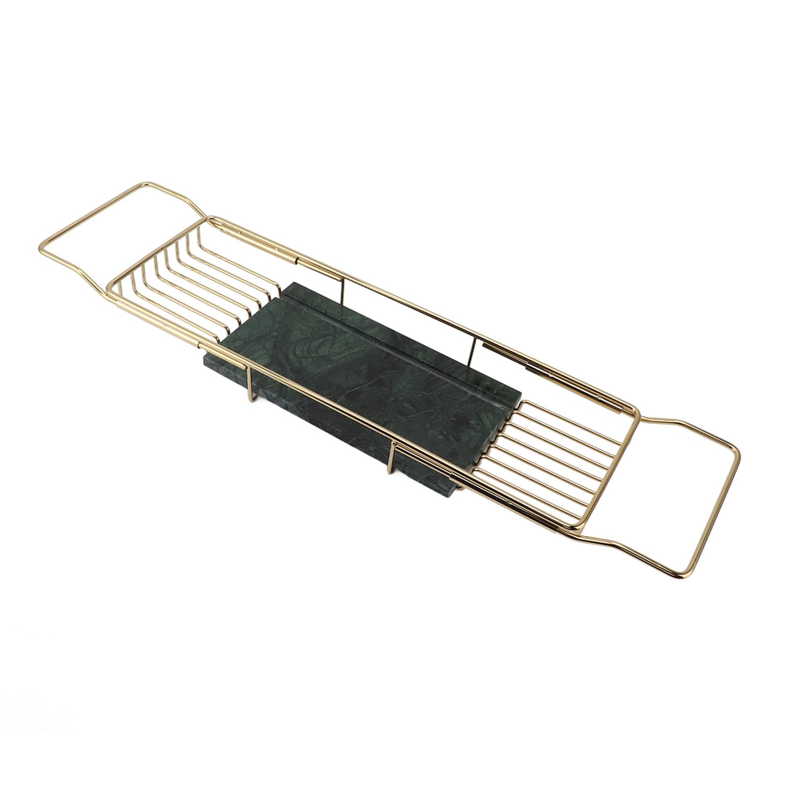 Bandeja de bañera expandible de lujo con diseño de metal y mármol, elegante estante para bañera a través de la bañera para baño (verde dorado)