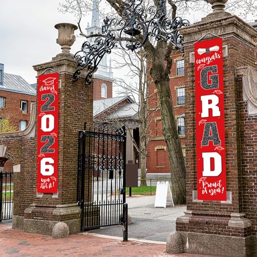 Image of Graduation Decorations 2026 Banner Porch Sign Red Black for Class of 2026 Graduates Party Supplies