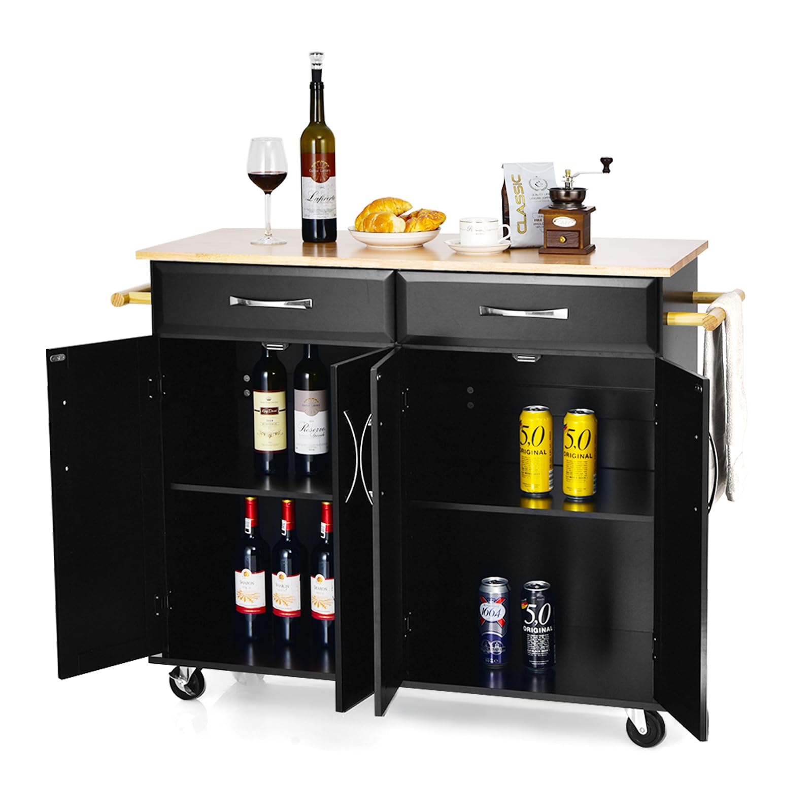 KOMFOTTEU Carrito de Cocina con Encimera de Madera de Caucho, Isla de Cocina con Ruedas, Carro Auxiliar con 2 Cajones, Toalleros, Armario de Comedor con Puerta Doble, 122 x 48 x 92,5 cm (Negro)