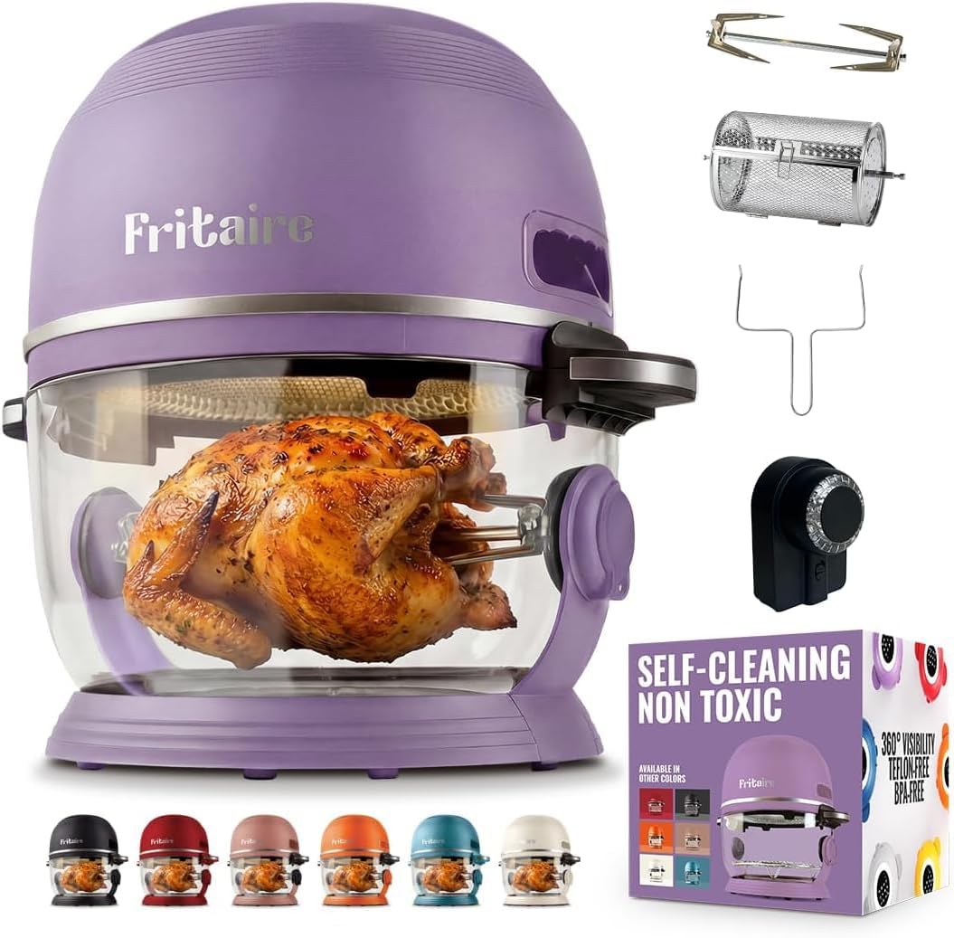 Non Toxic Air Fryer™ Pro | 9-in-1 Glass Air Fryer | Self-Cleaning | 5 Quart | Rotisserie and Tumbler | 400F Vortex For Even Cooking, BPA-Free Teflon Free, Recrisp, Roast, Bake, Lavender