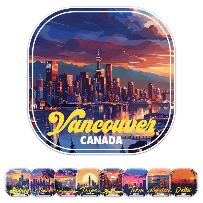 Sunset Canada Vancouver City Sticker - Waterproof Vinyl Decal for Car Bumper, Laptop, Water Bottle, Luggage, Wall, Window, Sticker Size - 5'' Longer Side
