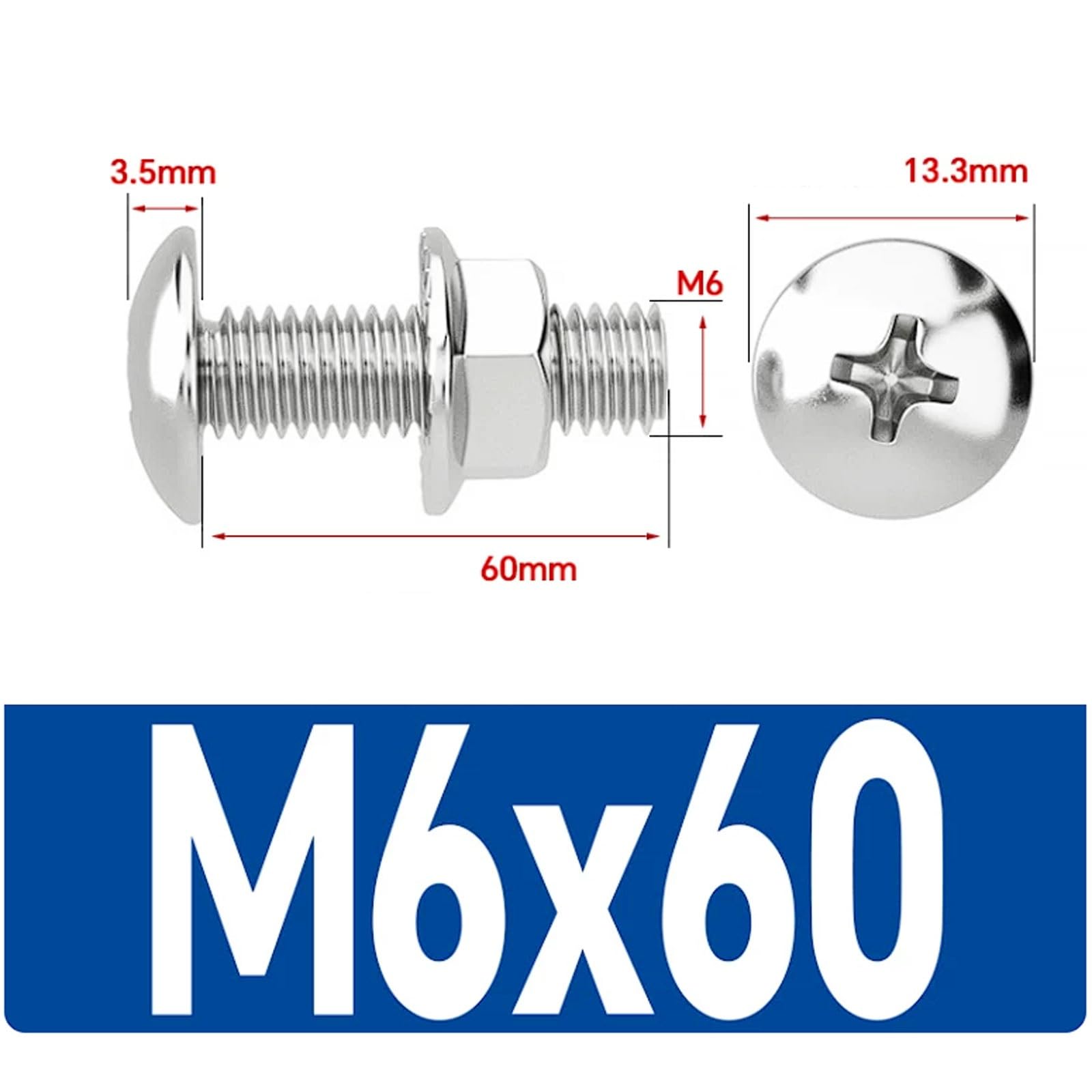Kit de tuercas y pernos cruzados de cabeza plana grande M6 de acero inoxidable 304, 40 juegos, tornillos cruzados avellanados extra anchos Tornillos industriales(M6x60 [40 sets])