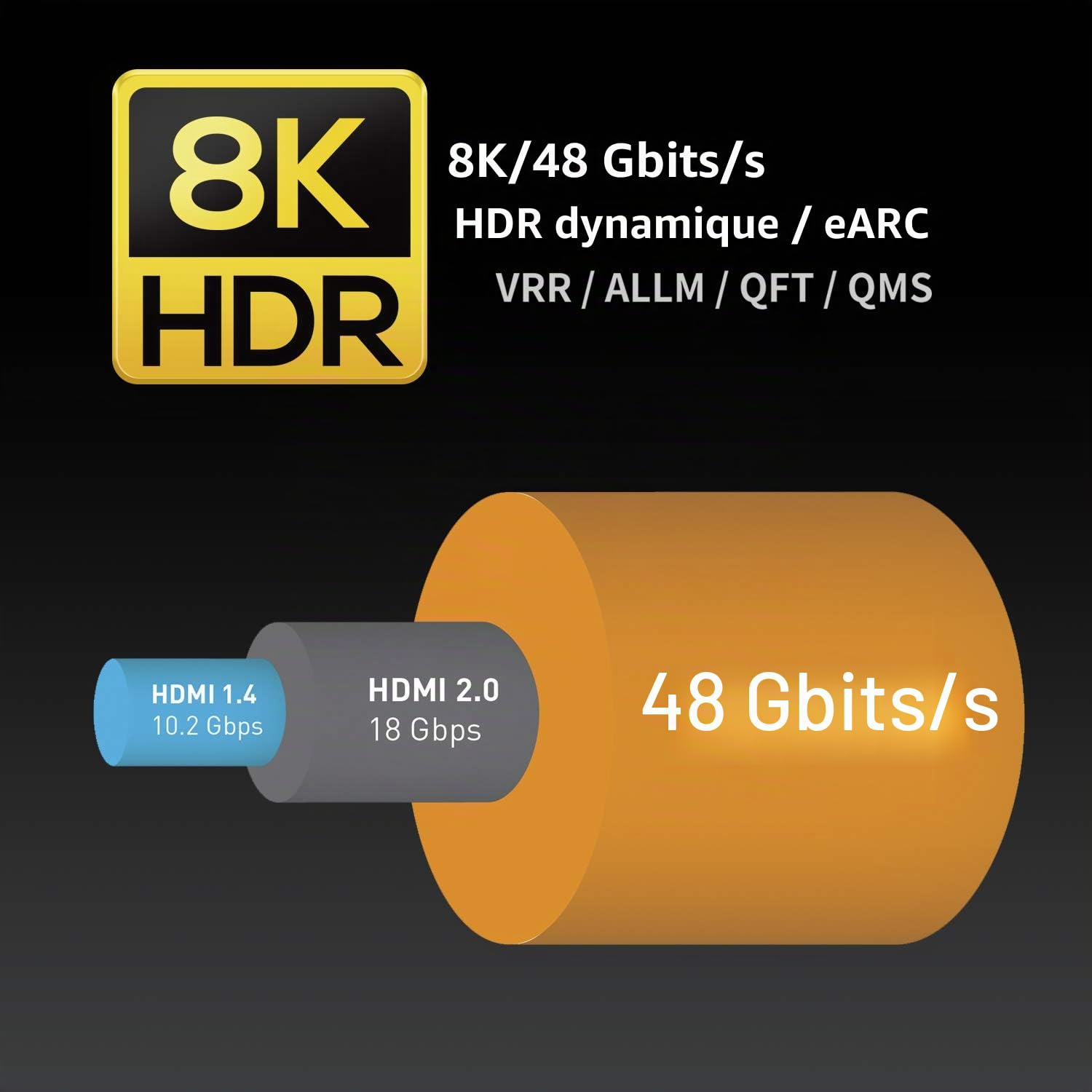 Zeskit Câble HDMI certifié 2.1 8K 48 Gbit/s 4K 120 Hz eARC HDR10 VRR Dolby Vision Atmos HDCP 2.2 & 2.3 Gaming PS5 Xbox Series X Apple TV Roku Monitor