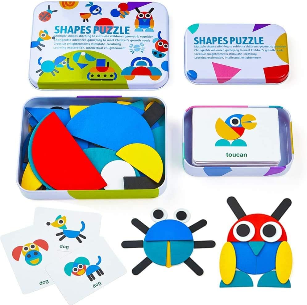 Mumfactory Wooden Pattern Blocks Animals Jigsaw Puzzle Sorting and Stacking Games Montessori Educational Toys for Toddlers Kids Boys Girls Age 3+ Years Old