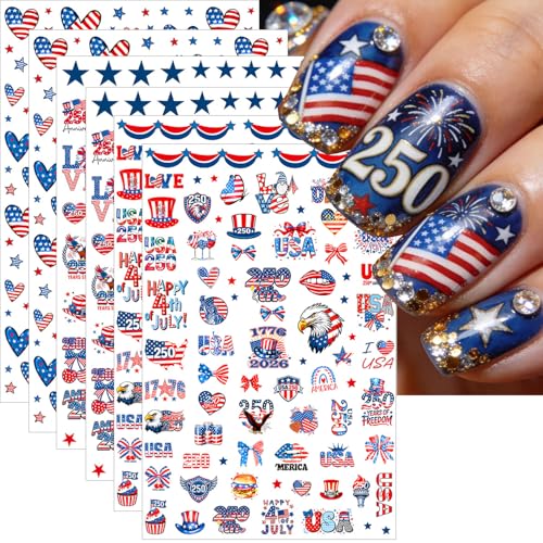 Independence Day Nail Stickers for Nail Art Kit 250th Anniversary for US Flags Heart Star Stripe Letters Fireworks Bow Nails Design American Patriotic Sticker for Women 4th of July Nail Decor 6Pcs
