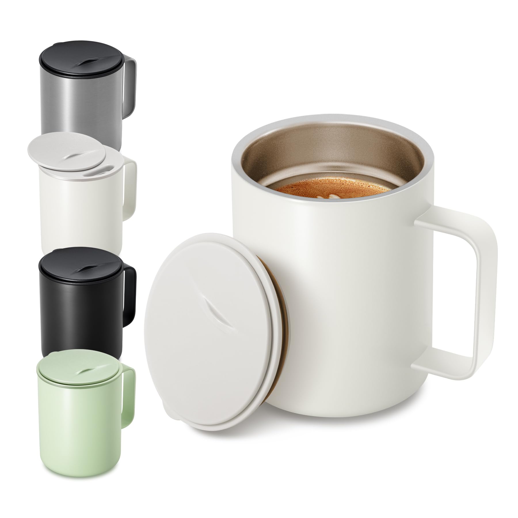 Homealexa 400 ml Coffee Mug, Double-Walled Vacuum Thermal Coffee Mug, Coffee and Tea Cup, Stainless Steel, Thermal Mug with Handle and Sliding Lid White