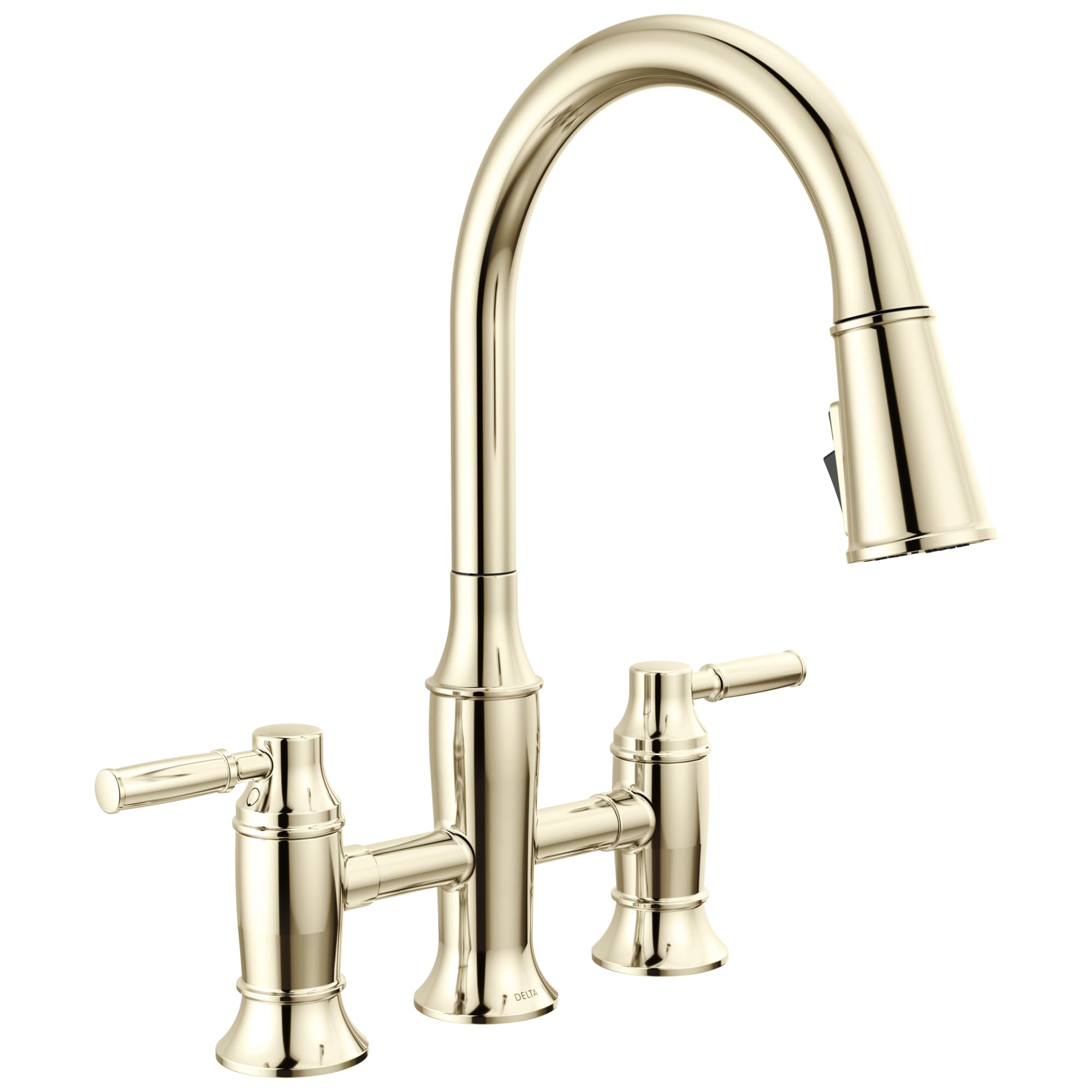 Delta Renaldi Polished Nickel Kitchen Faucet with Pull Down Sprayer, Bridge 3 Hole Modern Kitchen Sink Faucet, Two-Handle, Lumicoat Polished Nickel