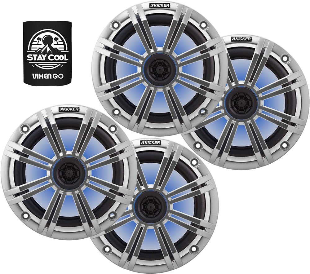KICKER 8" Marine Speakers (2 Pairs) OEM Replacement Coaxial Speakers for Boat with Silver Grille and LED Lights 4-ohm. Water and Weather Resistant
