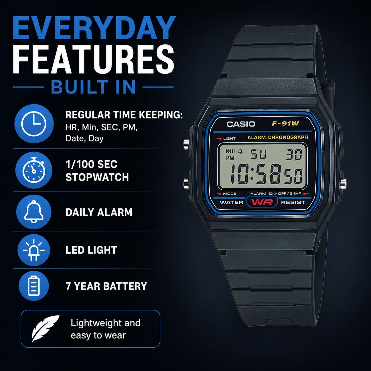 Casio F91W Series | Digital Watch | Water Resistant | LED Light | 1100 SEC Stopwatch | Regular Time Keeping HR Min SEC PM Date Day | Daily Alarm | Lightweight | 7 Year Battery product thumbnail 4