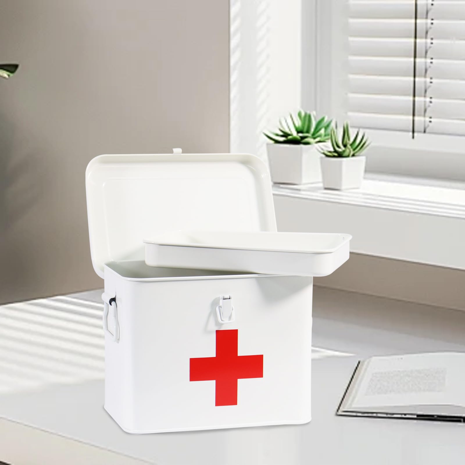 Porta Medicine, Contenitore Per Medicine Domestiche, Organizer Medicinali 2 Strati in Metallo, Cassetta Pronto Soccorso, Adatto allo Stoccaggio di Prodotti Farmaceutici 20.5 x 13.5 x 16.5 Cm - Bianco