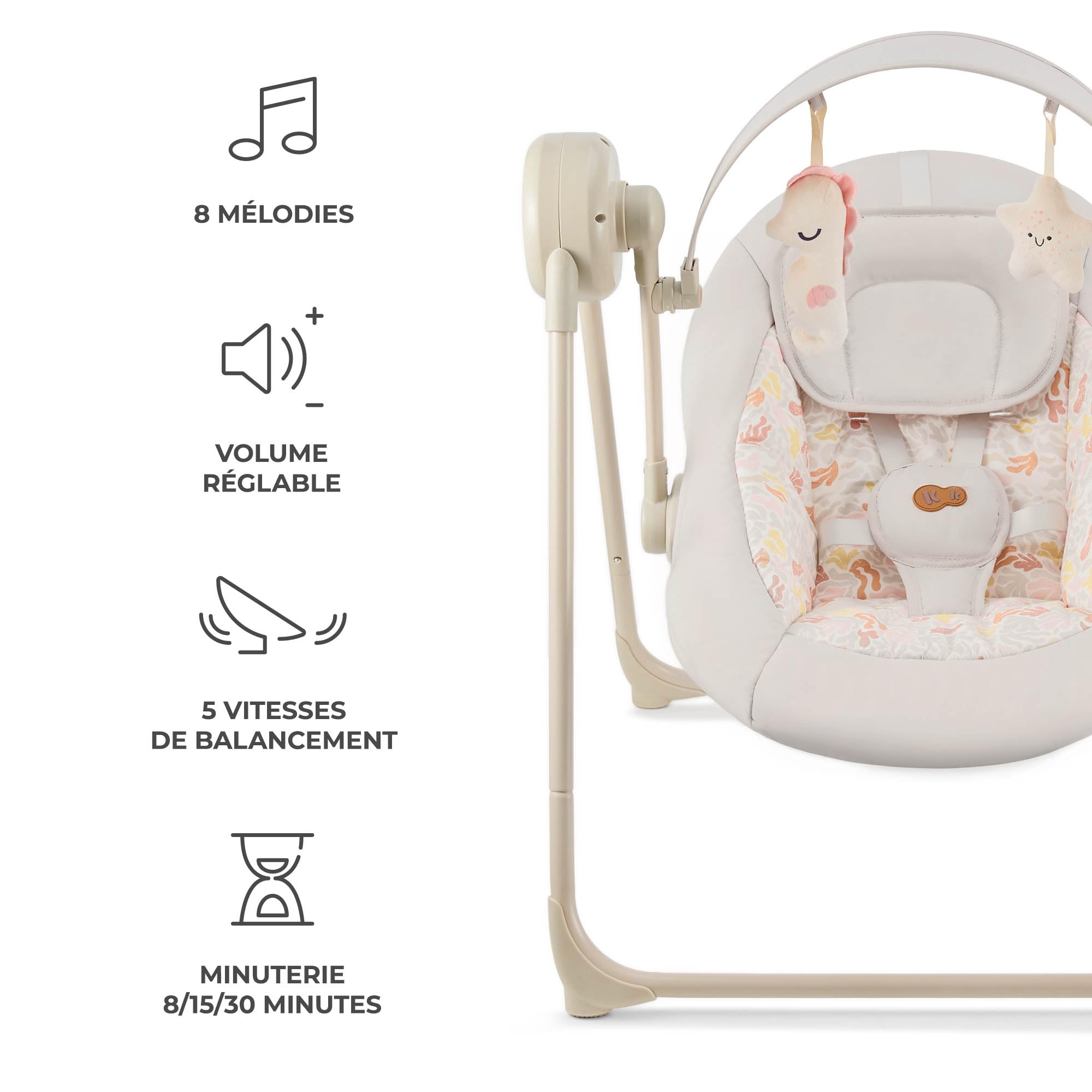 Kinderkraft SWINGEE Transat bébé, Balancelle de La Naissance, dossier réglable, 8 mélodies apaisantes intégrées, Berceau bébé, Léger et pliable, Beige