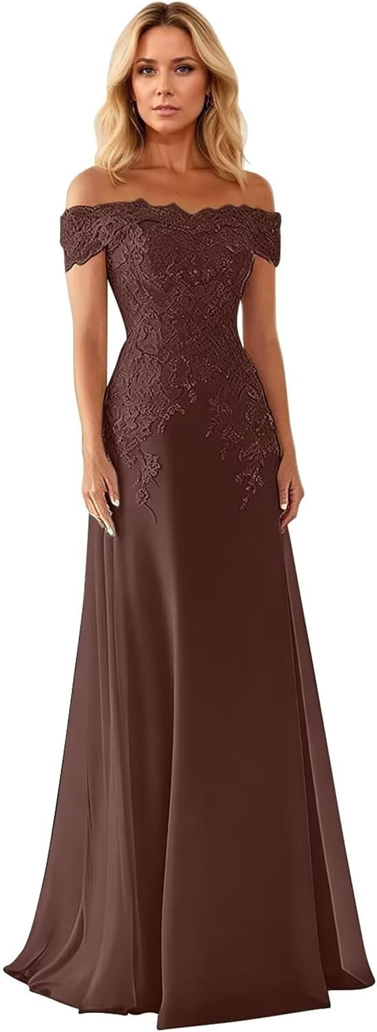 Off Shoulder Mother of The Bride Dresses Chiffon Lace Applique Formal Evening Gowns Wedding Guest Groom's Mother R56