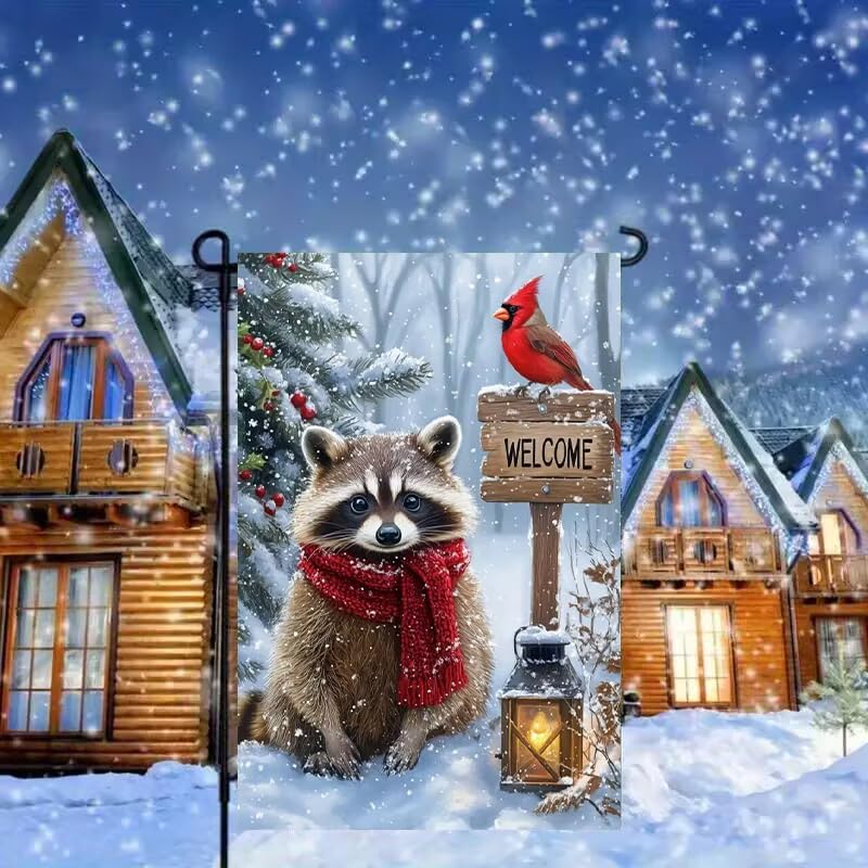 Welcome Winter Garden Flag 12x18 Inch Double Sided, Burlap Holiday Farmhouse Outdoor Raccoon Christmas Garden Flag Winter Decorations, Small Decorative Yard Lawn Flags for Outside - Image 3
