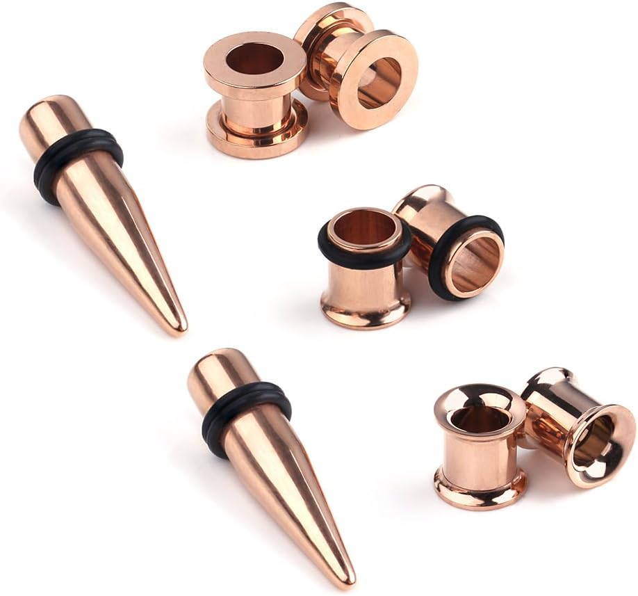 Ruifan 4Pairs Rose Gold Plated Surgical Steel Gauge Ear Screw Taper Tunnel Expander Stretching Kit Plugs Piercing 4 Styles Same Size 8g-00g (3mm-10mm)
