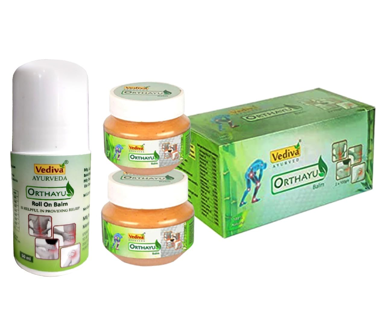 Orthayu Vediva Ayurveda Balm for Muscle Pain Brown 2 x 100g with Roll on 50ml (Combo) Ayurvedic Pain Rub Massage Balm for Headache, Back Pain, Knee Pain, Sports & Gym Non-Sticky Fast Absorption