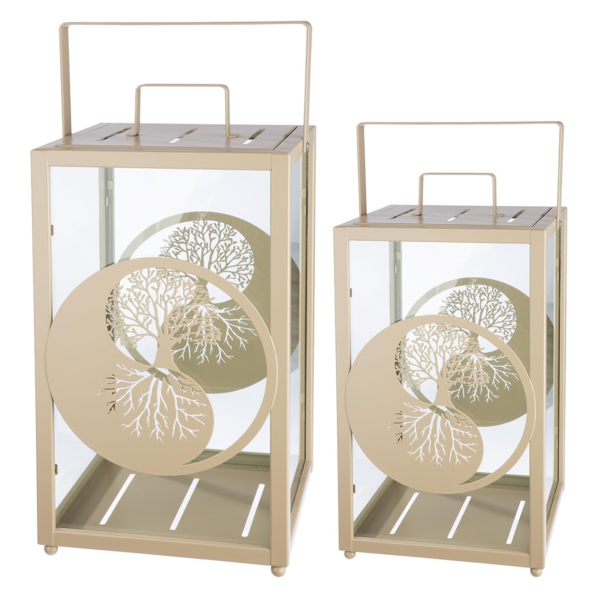 GILDE 2er Set Laterne Balance aus Glas und Metall - Höhe 48cm x Breite 25cm - rechteckig - matt beige - Baummotiv - Yin & Yang