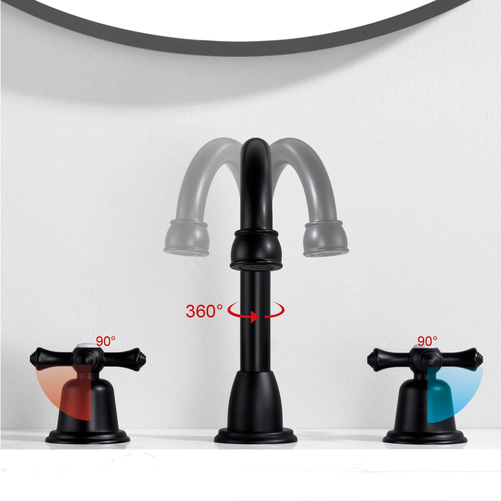 RKF CWF039-MB - Grifos de baño para fregadero de 3 agujeros, color negro mate, 8 pulgadas, llave de fregadero de baño generalizada con desagüe, 2 asas, pomos cruzados, grifo mezclador para lavabo con