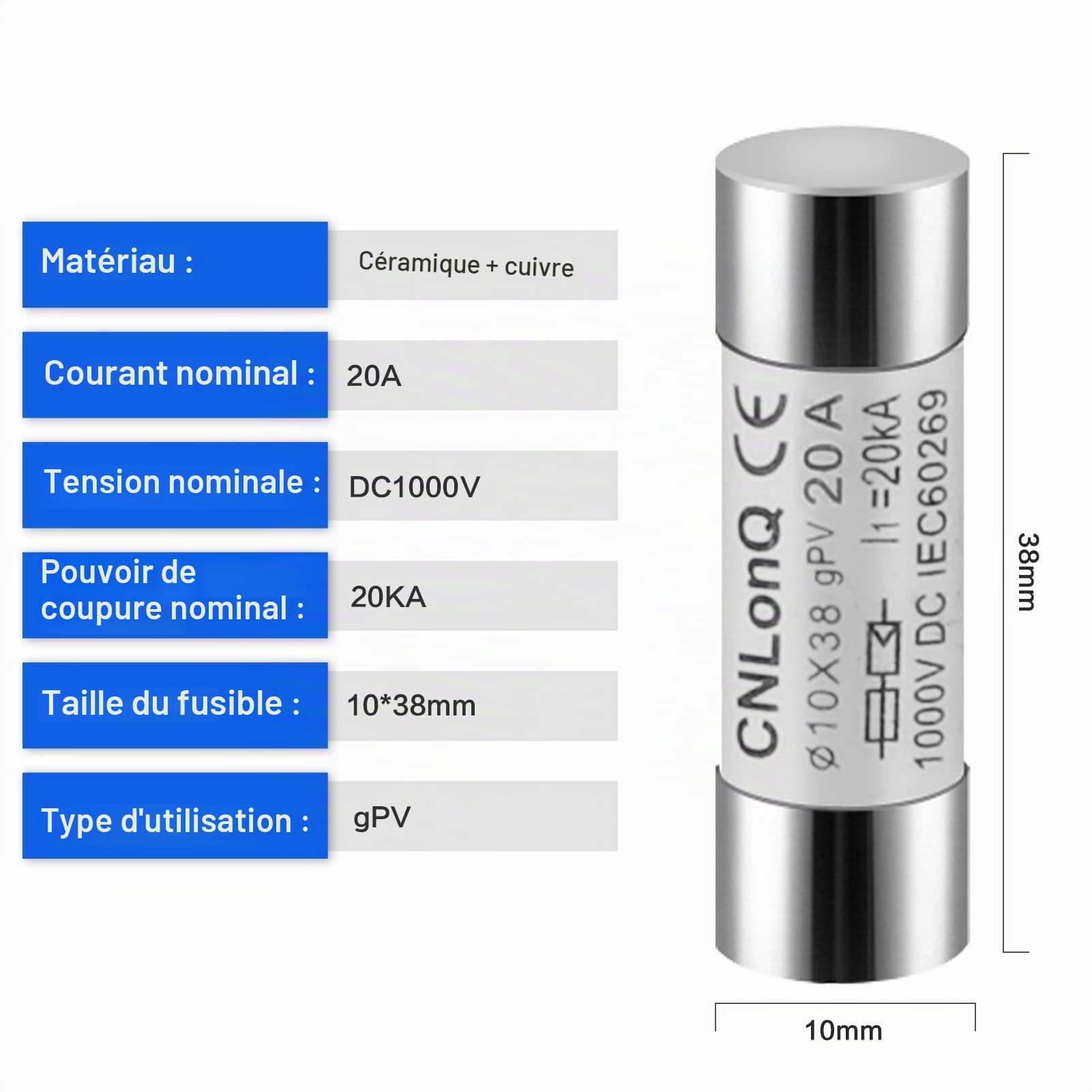 DEWIN Fusible Solaire PV, 10 pièces Photovoltaïque Fusibles gPV Type Fusible Link HSPV-30 10x38mm pour Système Solaire Photovoltaïque 20A DC 1000V