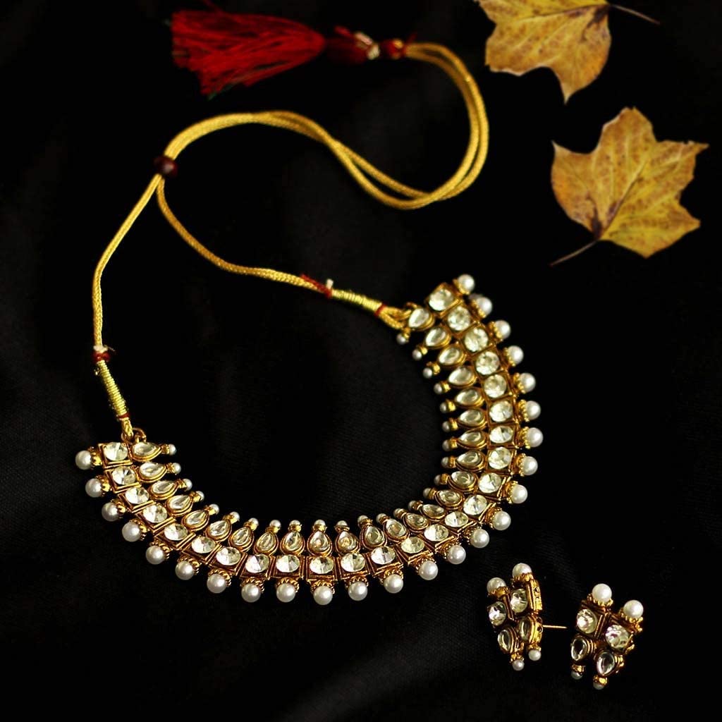 Sparkling Kundan Collar Necklace Set with Matching Drop Earrings