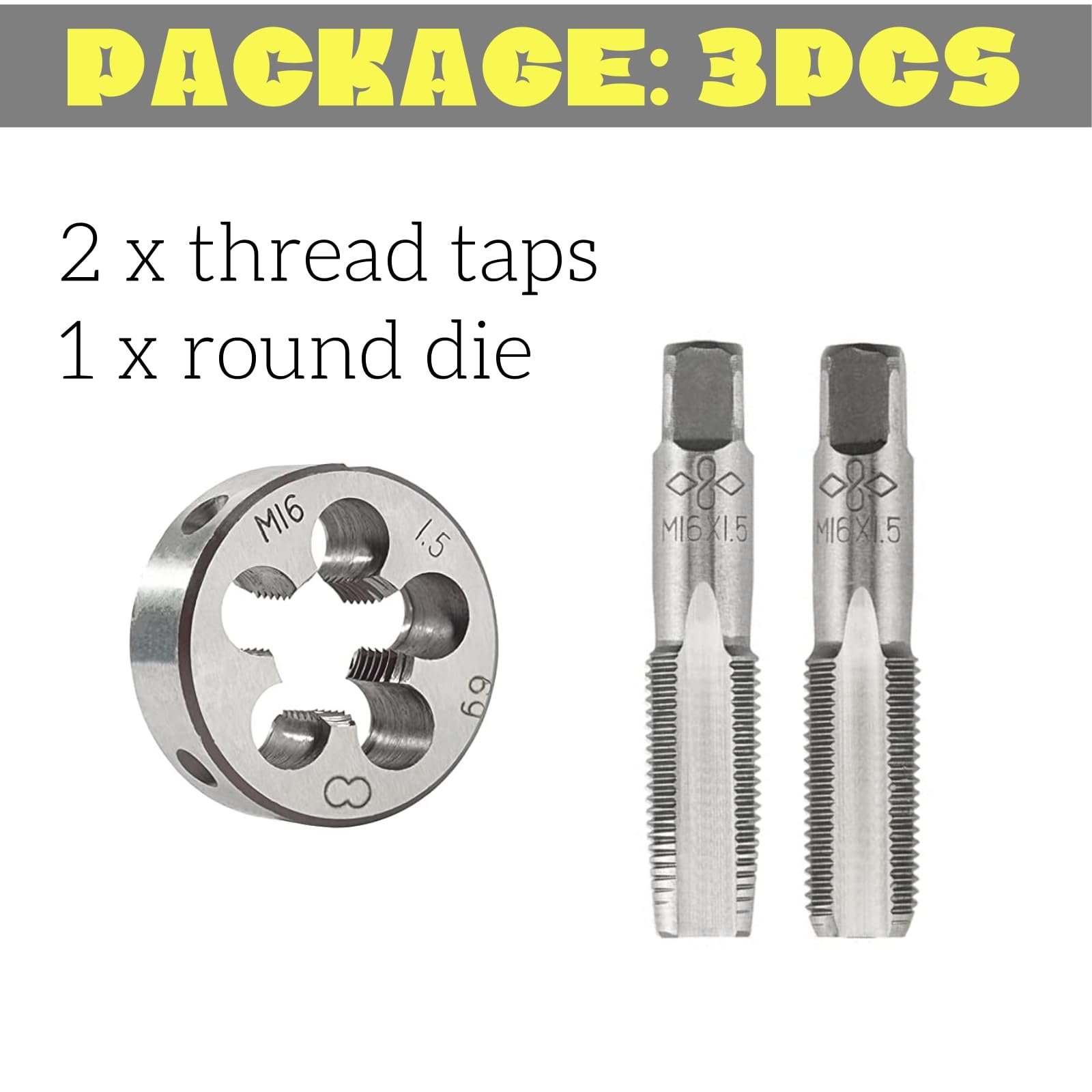 M16 x 1.5 Juego de grifo y troquel, grifo métrico y troquel redondo para mano derecha, se adapta a reparación de roscas de tornillo y herramienta de bricolaje
