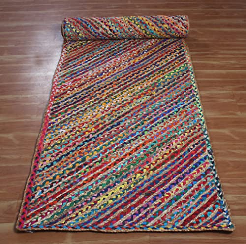 Casavani Eco-Friendly Hand Braided Rug Geometric Multipurpose Multicolor 2.6'X8'Ft' Runner Shape Chindi Cotton & Jute Rug Best Uses For Indoor Hall Room Gateway Runner Rug & Balcony 10X14 Feet #TOP7