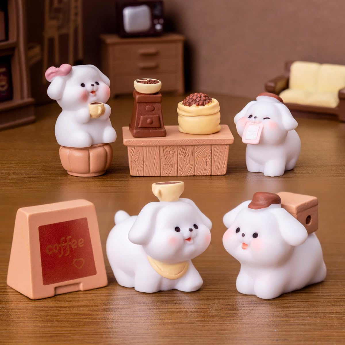 FOLANDO Coffee Puppy Figure Set, 11 Pcs Mini Dog Figurines Ornaments Coffee Shop Puppies Statue Garten Decoration Pet Dog Animal Figures Doggy Sculpture Micro Landscape Desk Office Car Decor