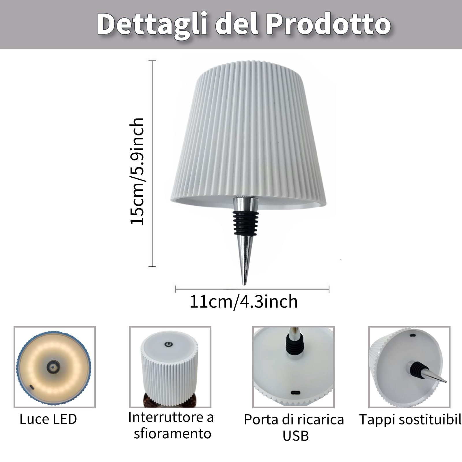 Generico Lampada Bottiglia LED, Lampada per Bottiglia Senza Fili Tattile Ricaricabile con Luce Dimmerabile per Ristorante, Casa, Bar, Ufficio (Bianco, 4 pezzi)