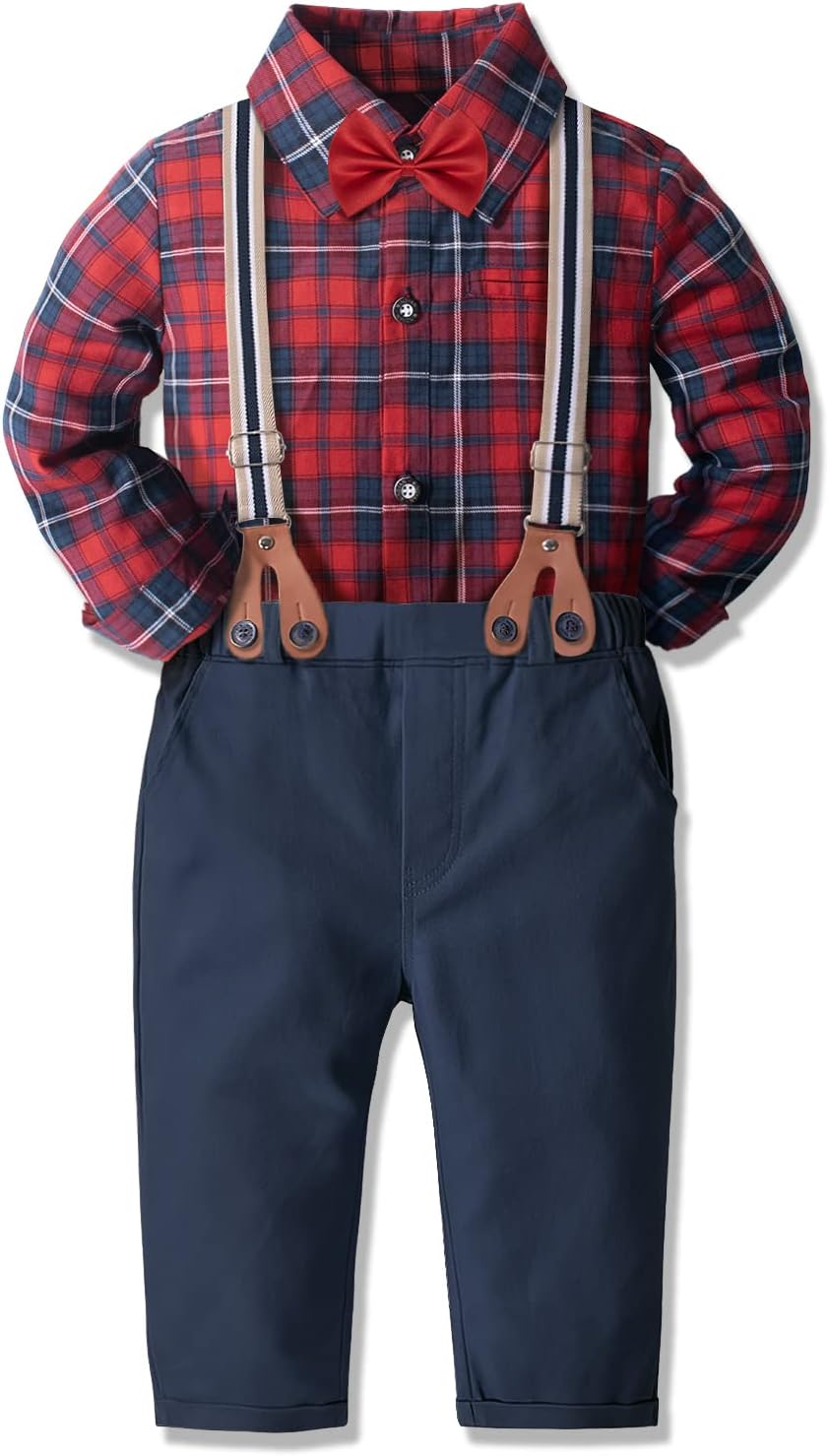 Yilaku Boys Suits Baby Dress Formal Wedding Outfits Suspender + Bow Tie + Shirt + Pants 4Piece Infant Gentleman Clothes (6-9 Months,Red Black) - Image 2